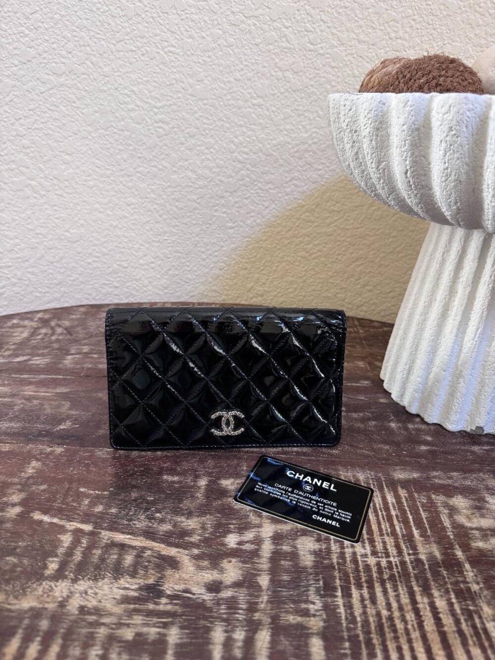 Chanel Black Patent Quilted Long Wallet Authentic + COA